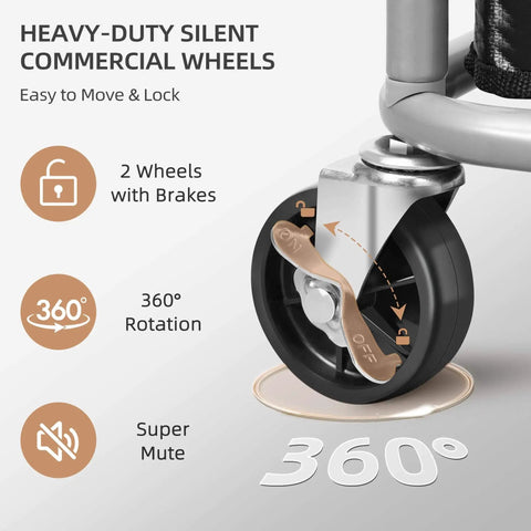 Close-up of an industrial laundry cart wheel, with a 360° rotation, brakes, and a durable black frame, suitable for hotels and laundries.