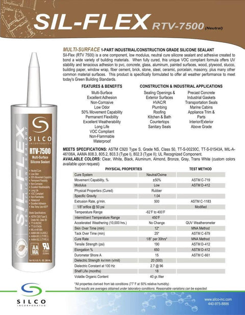 SIL Flex RTV 7500 Multi Surface Silicone Sealant And Adhesive For Neutral Cure Low Odor Marine And Spa Use Clear 2.8 Oz Tube label