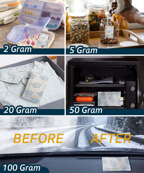 Color Indicating Silica Gel Desiccant Packets 5G 50 Pack Food Grade for Moisture Control in various storage sizes and uses.