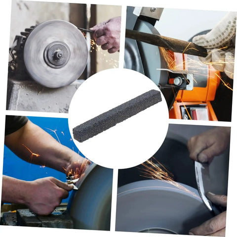 Collage of Silicon Carbide Dressing Stone in use for grinding wheel care, reshaping, and cleaning with sparks.