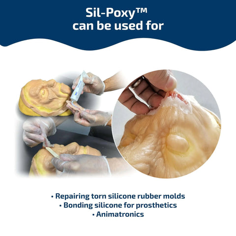 Person applying One Component Silicone Rubber Adhesive for bonding RTV silicone to silicone, repairing mold, use in animatronics.
