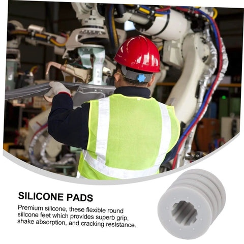 Worker adjusting machinery with silicone antiskid pads in the foreground, Silicone Antiskid Pads Set 20 Pack Non Slip Bumpers For Chassis And Furniture Feet Anti Collision Mats Grippy Vibration Dampeners For Machines And Appliances Durable Floor Safe Pads shown.