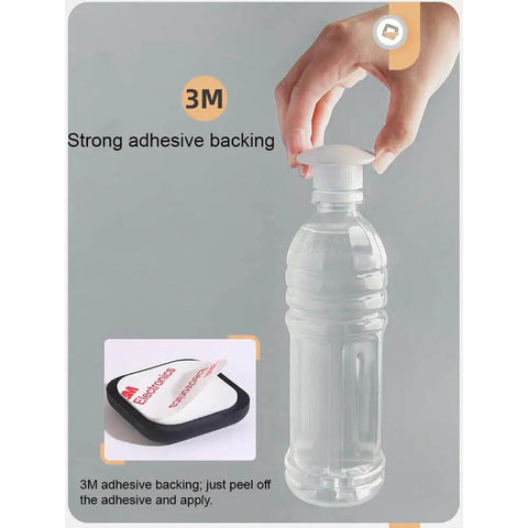 Person holding a silicone door knob wall protector on a water bottle, with 3M adhesive backing shown, titled 'Strong adhesive backing'.
