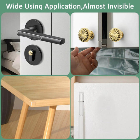 Silicone Anti Collision Pads 10 Pack 63mm By 10mm Transparent Stick On Wall Protectors demonstrating use on door, cabinet, table, fridge