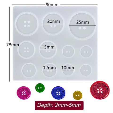 4 Pack Round Button Silicone Molds TuNan Set for Resin Casting in 7 Sizes 10mm to 30mm, with depth details and colorful buttons.