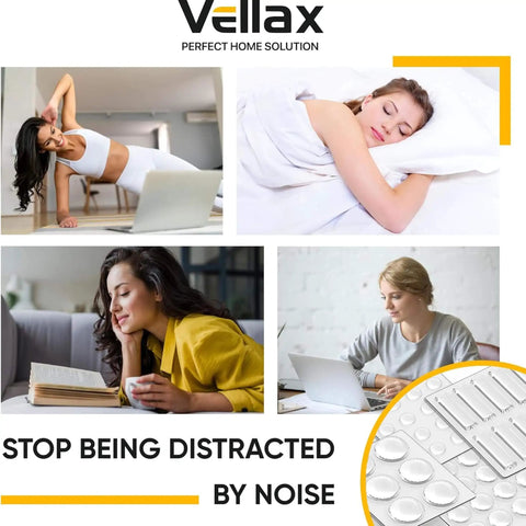 Collage with women exercising, sleeping, reading, working, and Clear Cabinet Bumper Pads Set With Self Adhesive Silicone Cushions.