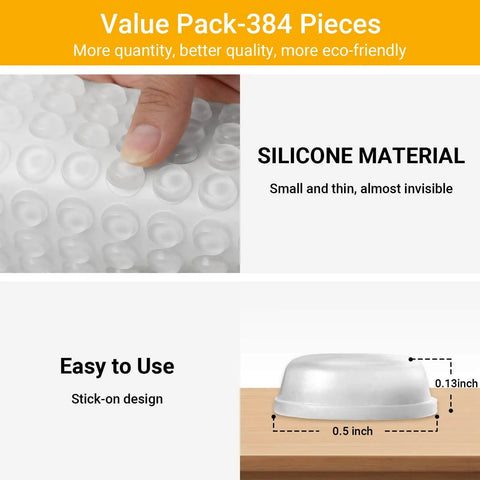 Clear Self Adhesive Cabinet Bumpers For Kitchen Cabinets And Doors, Silicone Noise Reduction Cushions shown in packaging and size.