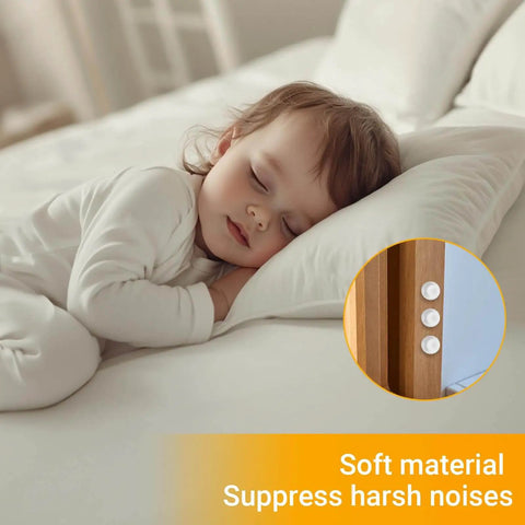 Clear Self Adhesive Cabinet Bumpers For Kitchen Cabinets And Doors reduce noise; shown on wood cabinet while child sleeps peacefully.