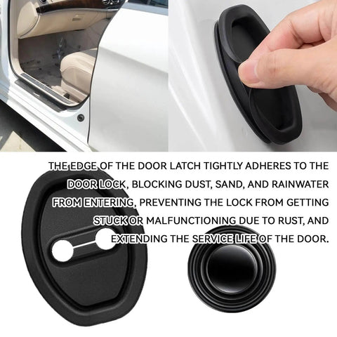 8 Pack Silicone Car Door Latch Protective Covers With Self Adhesive Door Shock Absorbers Upgraded Silencers Universal Guard Pads for quiet opening and closing shown installed on a car door.