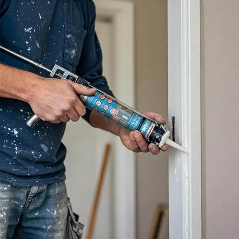 Person applying Premium 100 Percent Silicone Caulk For Windows And Doors White Weatherproof RTV Sealant For Indoor And Outdoor Use Easy Apply No Mess Caulking Adhesive 9.5 Oz Cartridge 12 Pack on door frame