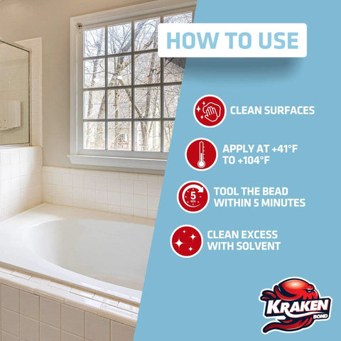 Clear Silicone Caulk Sealant For Kitchen And Bathroom, 100 Percent Silicone, Waterproof And Anti Shrink, Crystal Clear Finish For Shower Sink Tub Tile And Countertops, Invisible Joint Sealing, Easy Application, 12 Pack 10.1 Fl Oz Each instructions on wall near bathtub.