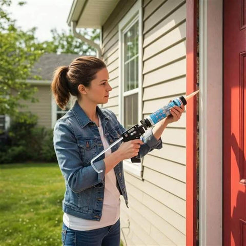 Woman applying Premium 100 Percent Silicone Caulk For Windows And Doors White Weatherproof RTV Sealant For Indoor And Outdoor Use 9.5 Oz