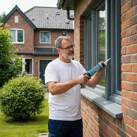 Man applying Premium 100 Percent Silicone Caulk For Windows And Doors White Weatherproof RTV Sealant For Indoor And Outdoor Use