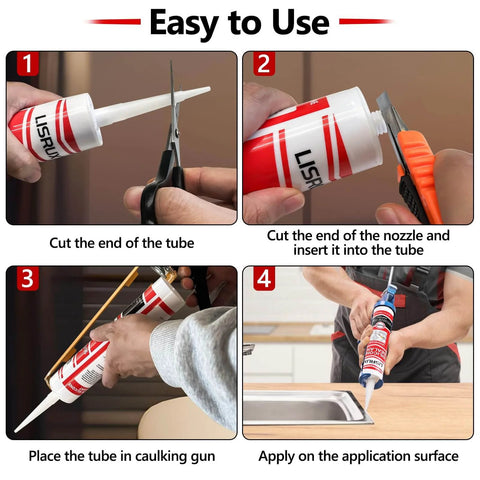 Steps to use Pro Grade Advanced Silicone Caulk For Kitchen And Bathroom 10 Fl Oz Cartridges, showing cutting and applying process.