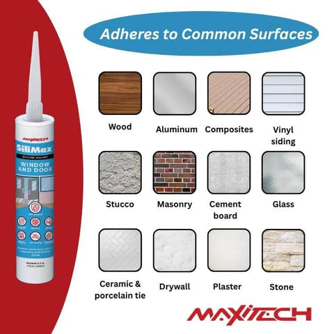Premium 100 Percent Silicone Caulk For Windows And Doors White Weatherproof RTV Sealant indoor outdoor use next to materials chart