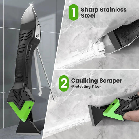 Caulking Tool 5 In 1 Silicone Caulking Grout Removal Sealant Finishing Tool with Grout Scraper in use on tile