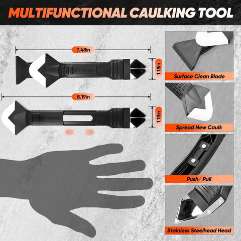 Silicone Caulking Tools 3 In 1 Finishing Tool for Sealant Grout Removal Scraper with stainless steel head dimensions shown