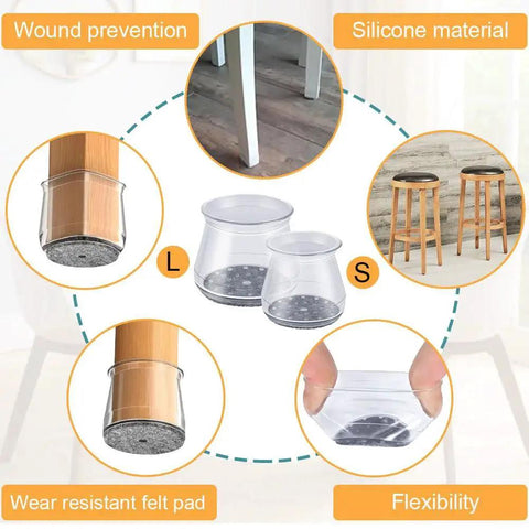 Image showing 32 Pack Silicone Chair Leg Protectors with Built In Felt Pads for scratch free floors, illustrating L and S sizes for chair legs.
