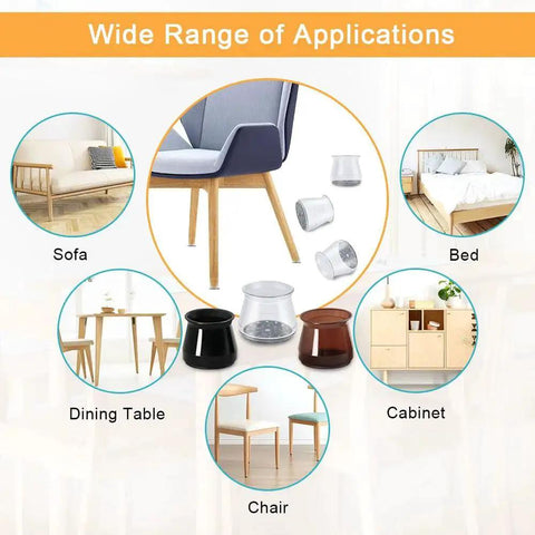 Image showcasing 32 Pack Silicone Chair Leg Protectors With Built In Felt Pads For Scratch Free Floors on various furniture types.