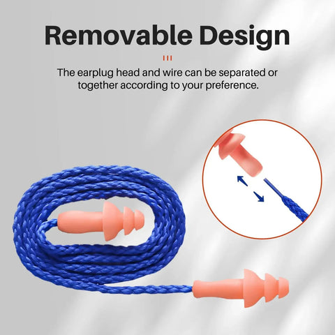100 Pairs Silicone Corded Ear Plugs With String Reusable Noise Reduction Earplugs Individually Wrapped For Work And Construction Sites ANSI Certified SNR 32dB NRR 27dB Orange Durable Comfortable Fit removable design illustration