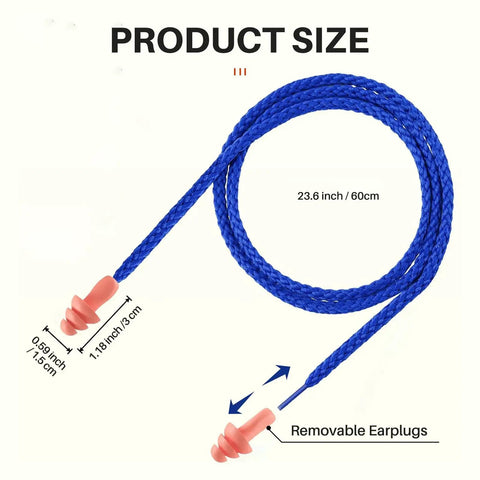 100 Pairs Silicone Corded Ear Plugs With String Reusable Noise Reduction Earplugs Individually Wrapped For Work And Construction Sites ANSI Certified SNR 32dB NRR 27dB Orange Durable Comfortable Fit, showing product size and removable earplugs on blue cord.
