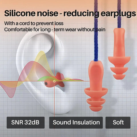 100 Pairs Silicone Corded Ear Plugs With String Reusable Noise Reduction Earplugs Individually Wrapped For Work And Construction Sites ANSI Certified SNR 32dB NRR 27dB Orange Durable Comfortable Fit showing sound insulation and corded design.
