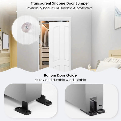 Pocket Door Hardware And Track Kit With 72 Inch Aluminum Box Rail For 24 To 36 Inch Wide Single Door Commercial Grade Rust Resistant Construction Smooth Operation With Nylon Rollers Easy To Install Heavy Duty Sliding System showing transparent silicone door bumper and bottom door guide in bedroom setting