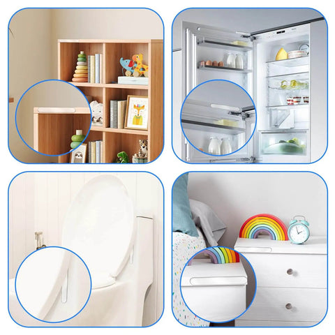 20 Piece Clear Silicone Cabinet Door Bumpers Set With Self Adhesive Strips For Doors Walls And Fridge Slam Stopper And Sound Dampening Buffer Pads Gentle Close Surface Protection Noiseless Door Cushions installed on furniture and fridge.