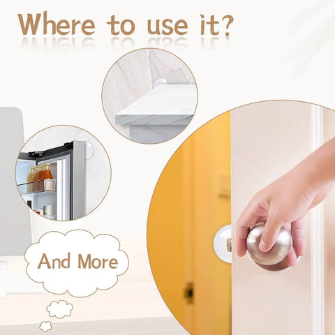 Six Pack Clear Silicone Door Stoppers for Walls Self Adhesive Door Bumpers shown in use on different surfaces including a door.