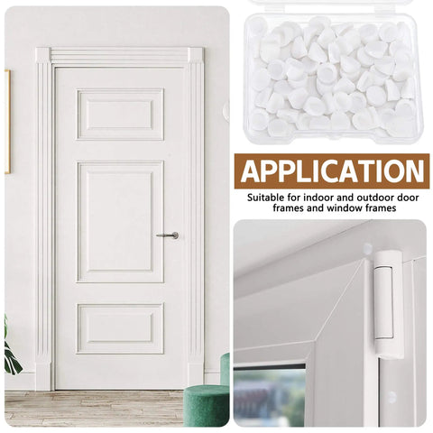 Silicone Door Frame Plugs Kit 60 Pcs Round Screw Hole Plugs In Five Sixteenth Inch By One Quarter Inch Size White Frame Inserts shown installed on door frame and in packaging.