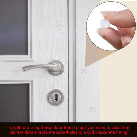 Silicone Door Frame Plugs Kit 60 Pcs Round Screw Hole Plugs In Five Sixteenth Inch By One Quarter Inch Size White Frame Inserts installed on door frame concealing screws.