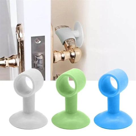 Two-piece silicone door handle silencers that absorb impact and reduce noise, protect walls from scuffs, install without drilling