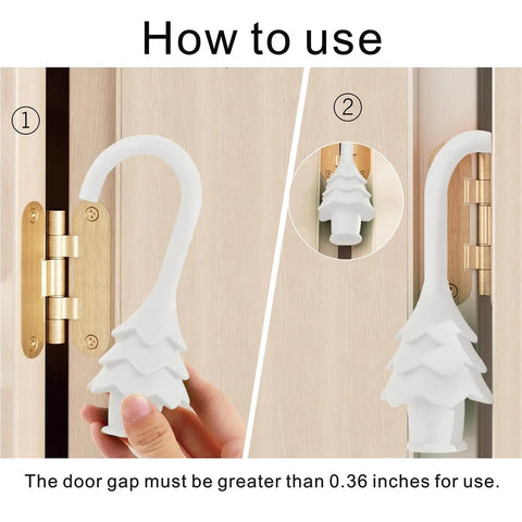 Christmas Tree Hanging Silicone Door Pinch Guard And Anti Door Slam Stopper Set For Baby Proofing Homes Keeps Doors Open And Fingers Safe With Hidden Hinge Mount Kid Safe And Easy To Install 2 Pack White shown installed on door hinge.