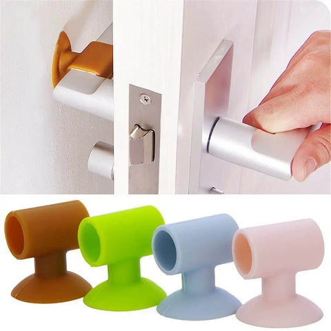 Soft silicone anti-collision door protection pads with a suction cup in various colors, installed on a door handle to protect walls.
