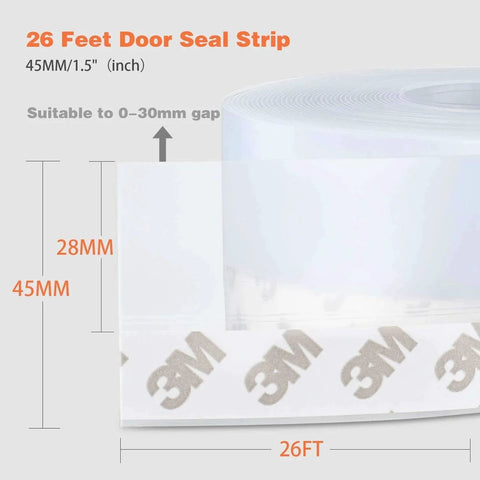 26 Feet Silicone Seal Strip,Door Weather Stripping, Sealing Tape with adhesive backing, clear, 45MM width, 26FT long roll