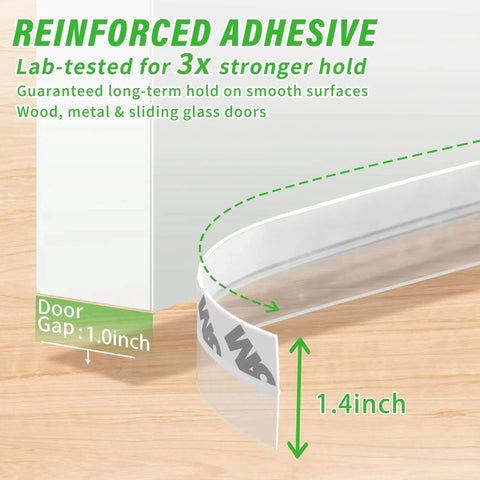 Updated Weather Stripping Door Seal with reinforced adhesive shown in close-up, highlighting 1.4 inch width and effective seal for 1 inch gap.