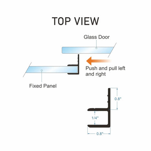 Top view illustration of silicone sliding glass door side seal strip for frameless showers, showing 1/4 inch thickness, adhesive installation.
