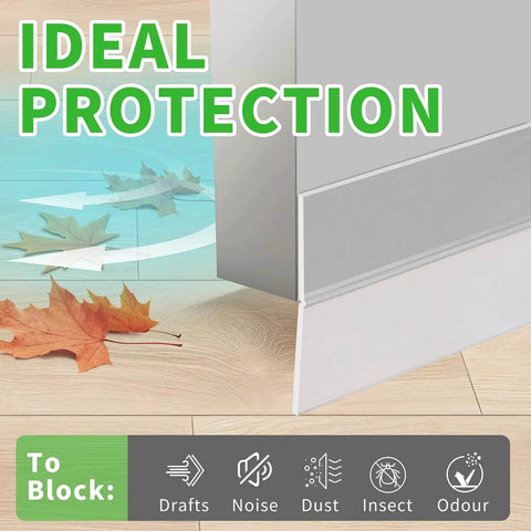 Updated Weather Stripping Door Seal blocking drafts and noise; shown with leaves on a wooden floor for insulation use