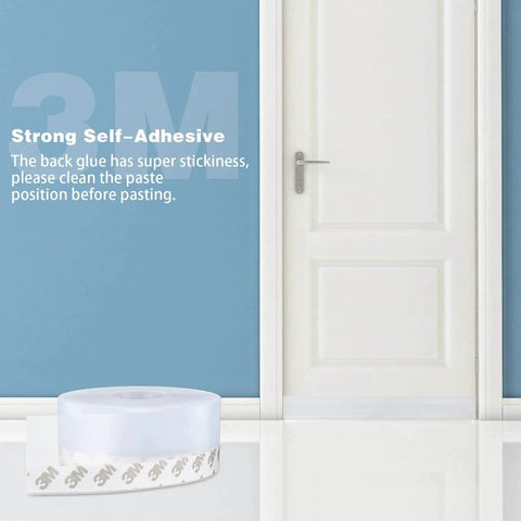 26 Feet Silicone Seal Strip shown with door, highlighting strong adhesive, 45MM transparent sealing tape for doors, windows, shower gaps.