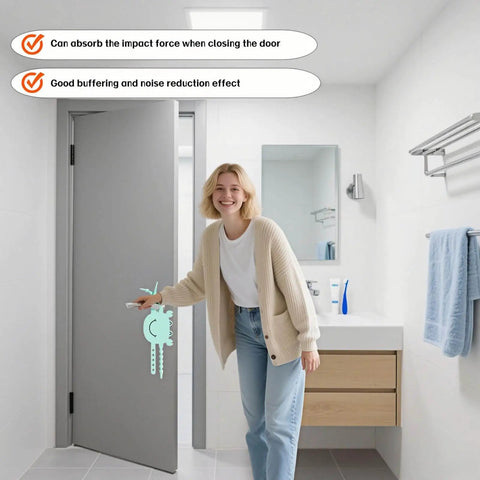 Woman closing bathroom door with Adjustable Silicone Door Silencer Sleeve Buffer With 5-Position Design in green installed on latch.