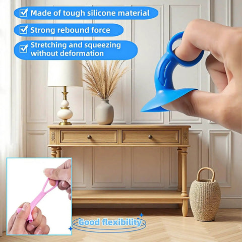 Close-up of a blue Silicone Door Stopper Pad With No Drill Bumper Guard For Handles, showing strong suction and flexibility.