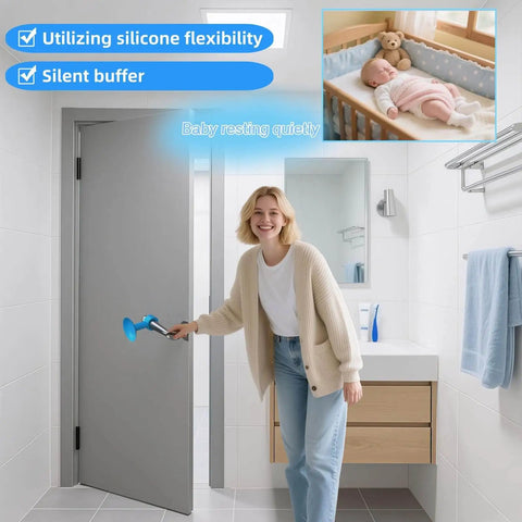 Woman demonstrating Silicone Door Stopper Pad With No Drill Bumper Guard For Handles, Strong Suction Prevents Slams And Noise in bathroom.