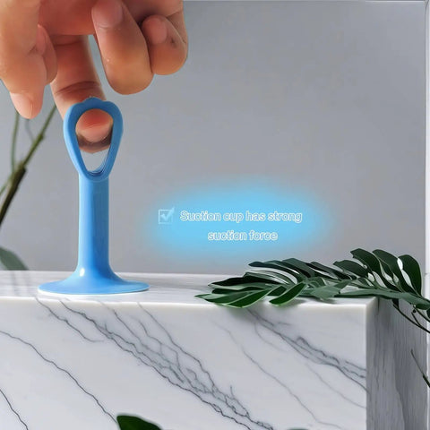 Silicone Door Stopper Pad With No Drill Bumper Guard For Handles, strong suction on marble surface. Universal fit, kid friendly.