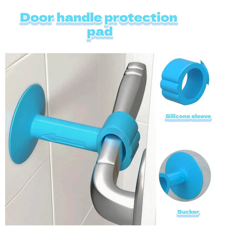 Silicone Door Stopper Pad With No Drill Bumper Guard For Handles shown installed on a metallic handle in blue color.