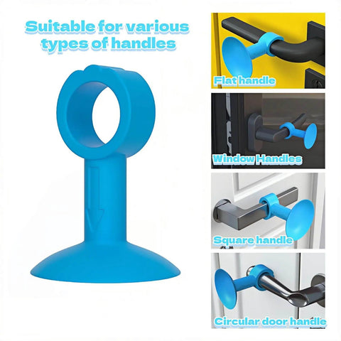 Silicone Door Stopper Pad With No Drill Bumper Guard For Handles in blue, showing universal fit for flat, window, square, and circular handles.