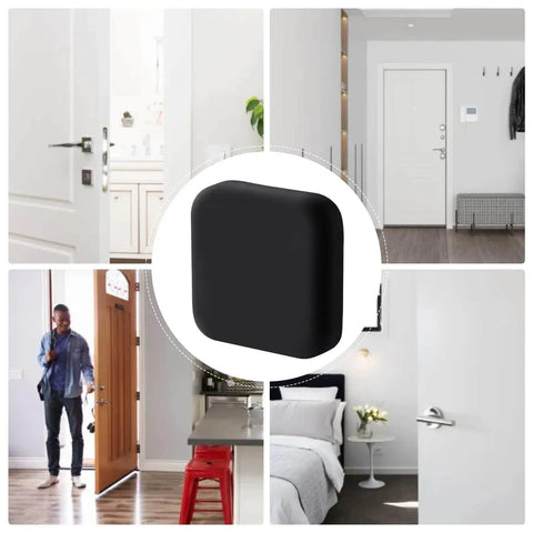 Protect walls and furniture from dents and scratches with a silicone door stopper wall protector; strong adhesive pads cushion door blows, cut noise, and keep homes, offices, and bedrooms serene. Silicone pad installed on wall in various settings