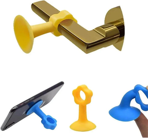 Silicone Door Stopper Bumper Pad And Wall Protector For Soft Closing Doors And Cabinets Reduces Noise And Impact Protects Walls Provides Gentle Cushioning And Easy Mounting With Suction Cup For Tile Surfaces And Handy Phone Holder, shown in different colors and uses.