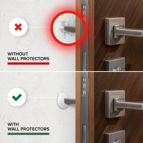 Comparison of door with and without Eight Pack Silicone Door Stopper Wall Protectors For Walls Self Stick 1 Inch Clear Transparent Shield.