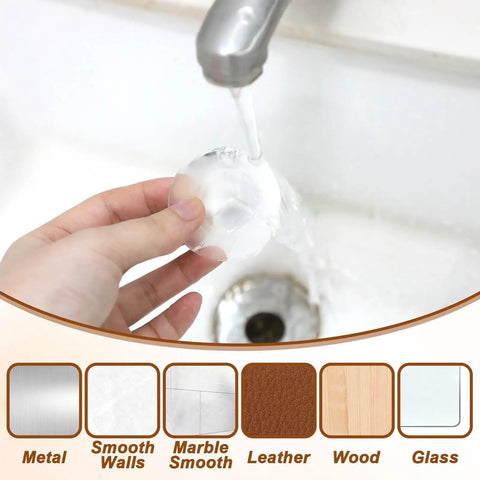 Person holding a Clear Door Stopper Wall Protector For Doors, 2 Inch Round Silicone Rubber Guard, rinsing under tap water, with material icons below.