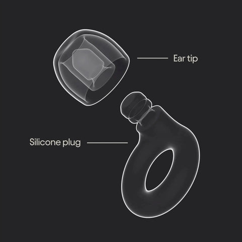 Ultra comfortable, reusable ear plugs engineered for sleep, study, travel and quiet moments shown with ear tip and silicone plug.